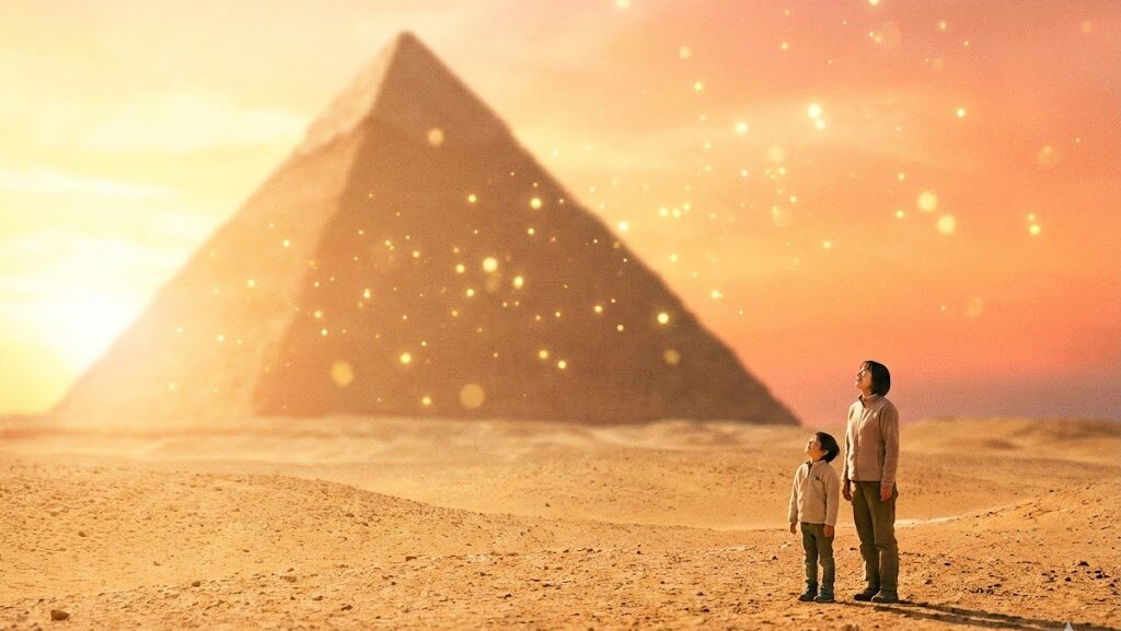 科学的視点でピラミッドの建設方法に迫るイメージ。砂漠に浮かぶピラミッドを眺める日本人家族の実写風シーン。