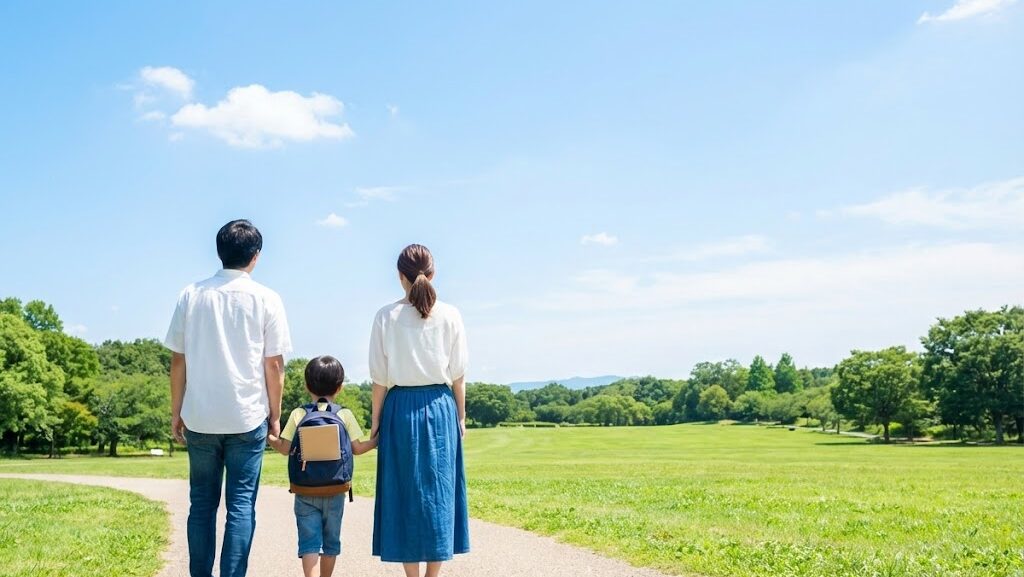 公園で過ごす日本人親子の後ろ姿から、大地震の歴史を学び未来の防災につなげる希望を表現した風景