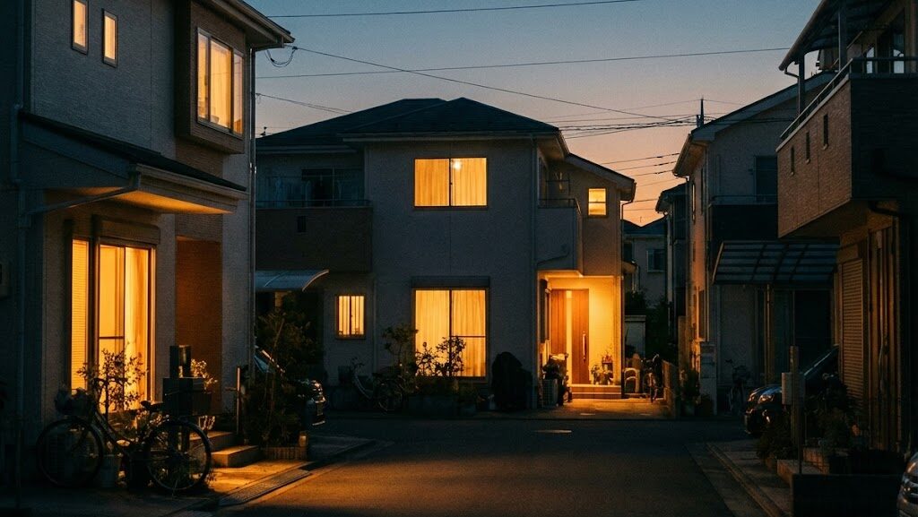 夕暮れの住宅街に灯る明かりから、過去の震災で失われた命の重みと日常の尊さを静かに伝えるイメージ