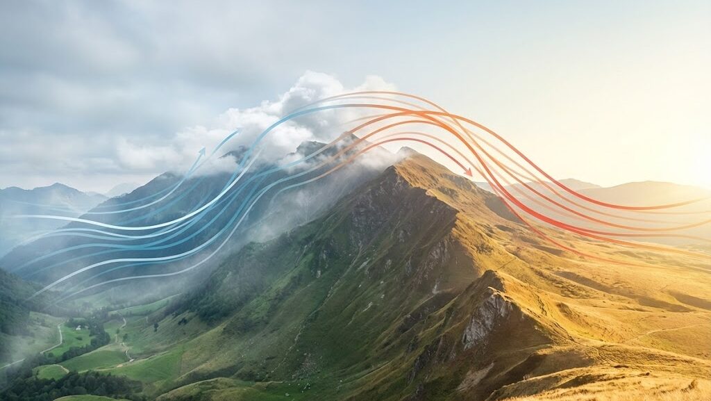 山脈を越えて下降する温かい空気を抽象ラインで表現した自然風景。フェーン現象による高温の仕組みを示す実写風イメージ。