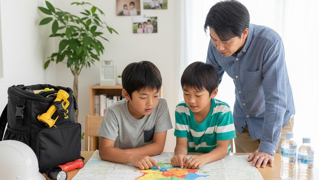 家族がカラーパターンの防災地図を囲んで避難計画を話し合う実写風の防災シーン