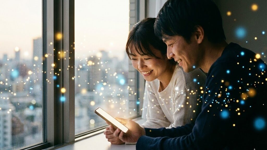 窓辺でスマホ画面を覗き込む男女の後ろ姿。地震予言の情報を確認する様子を落ち着いた雰囲気で表現