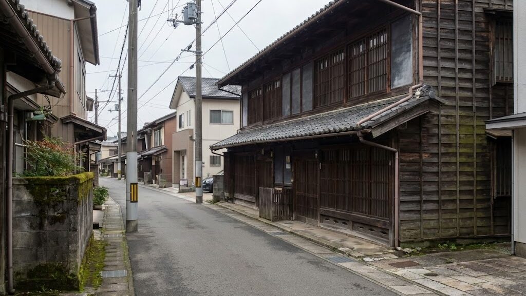 現代の町並みの中に残る木造建築を通して、江戸や明治時代の大地震災害を想起させる日本の風景