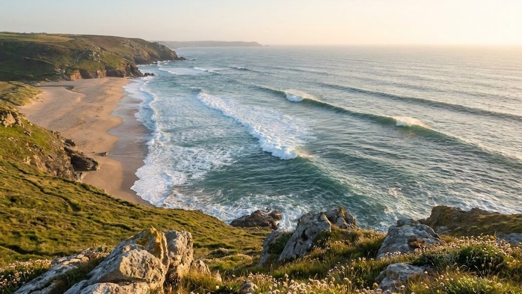 高台から見下ろした海岸線と大きな波のうねりから、観測史上最大級の地震と津波被害を連想させる風景