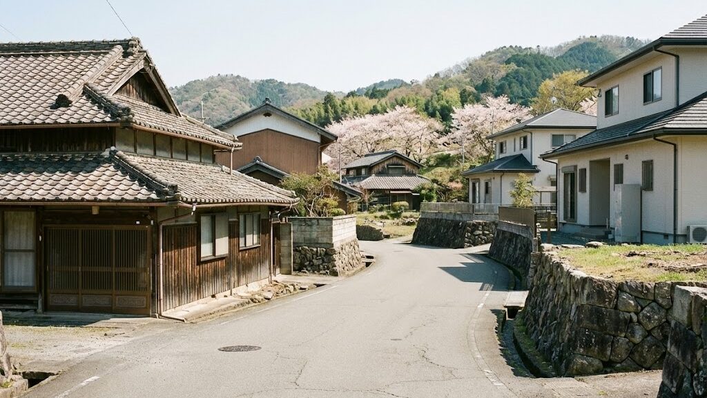 古い住宅と新しい住宅が並ぶ日本の町並みから、過去の大地震被害と時代の移り変わりを感じ取れる風景