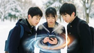 寒いとスマートフォンの減りが早いと話している中学生