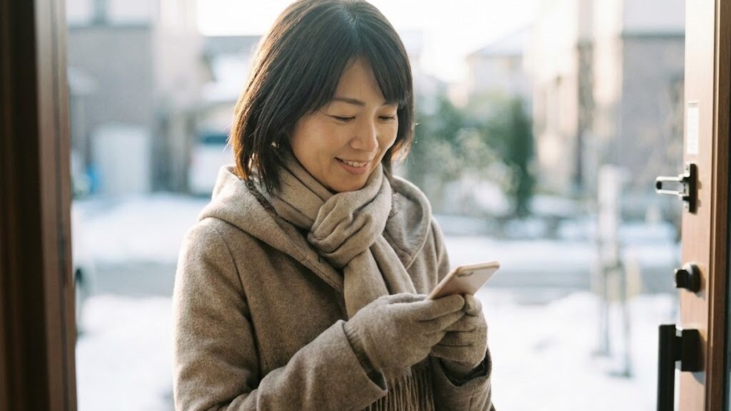 冬の朝にスマートフォンを確認しながら外出する様子。寒さに備えたバッテリー対策のイメージ