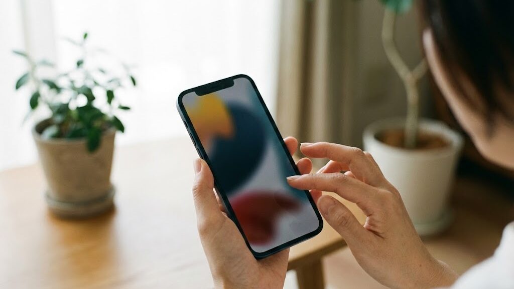 室内でスマートフォンを操作する手元。省電力設定でバッテリー消費を抑える様子を表現