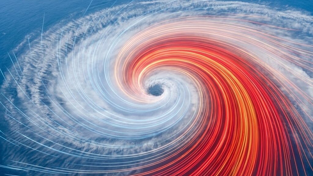 台風の渦を上空から見た構図。右側で強まる風と左側で弱まる風を抽象的な流線で表した実写合成イメージ。