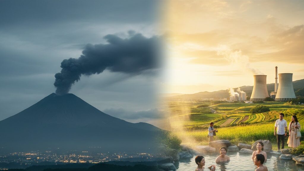 火山のリスクと温泉・農地などの恵みを対比させた実写風のコラージュ風景