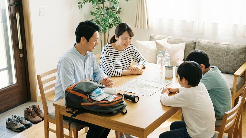 地震への備えや行動を家族で話し合う日本の家庭の風景