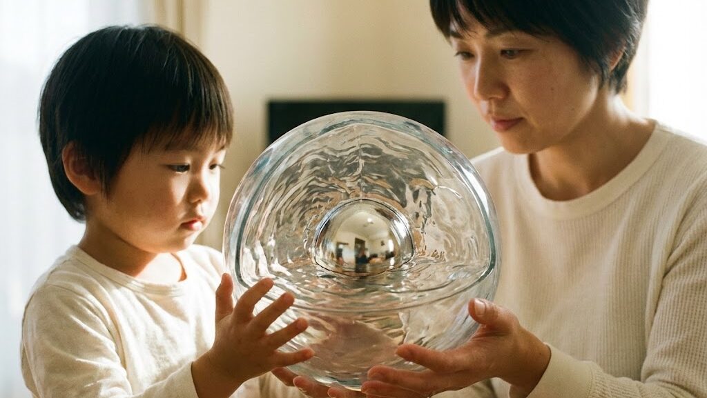 地球模型の中心にある固体の内核を確認し、外核との違いを直感的に理解するシーン