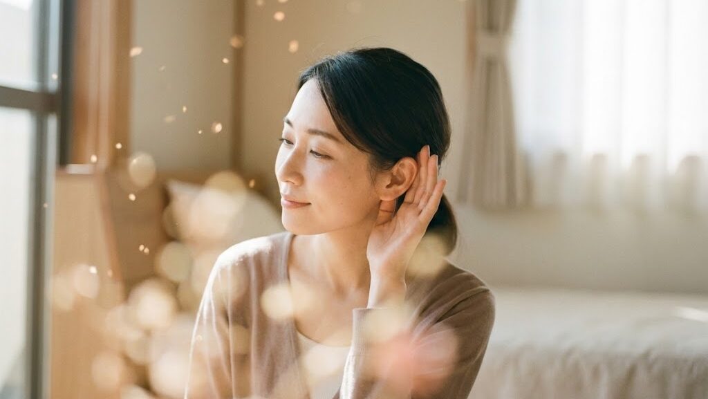 静かな室内で耳に手を当てる女性。体調の変化と地震の関連をイメージした柔らかな光の表現