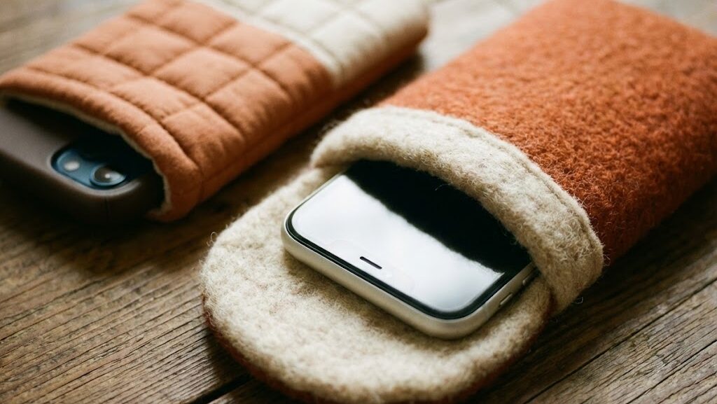 スマートフォンをポーチに入れて保護している様子。防寒ケースで電池の冷えを防ぐ工夫をイメージ