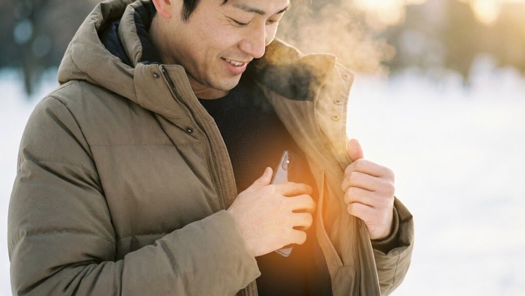 冷えたスマートフォンを体温で温める様子。寒さで電源が落ちた際の正しい対処方法を表現