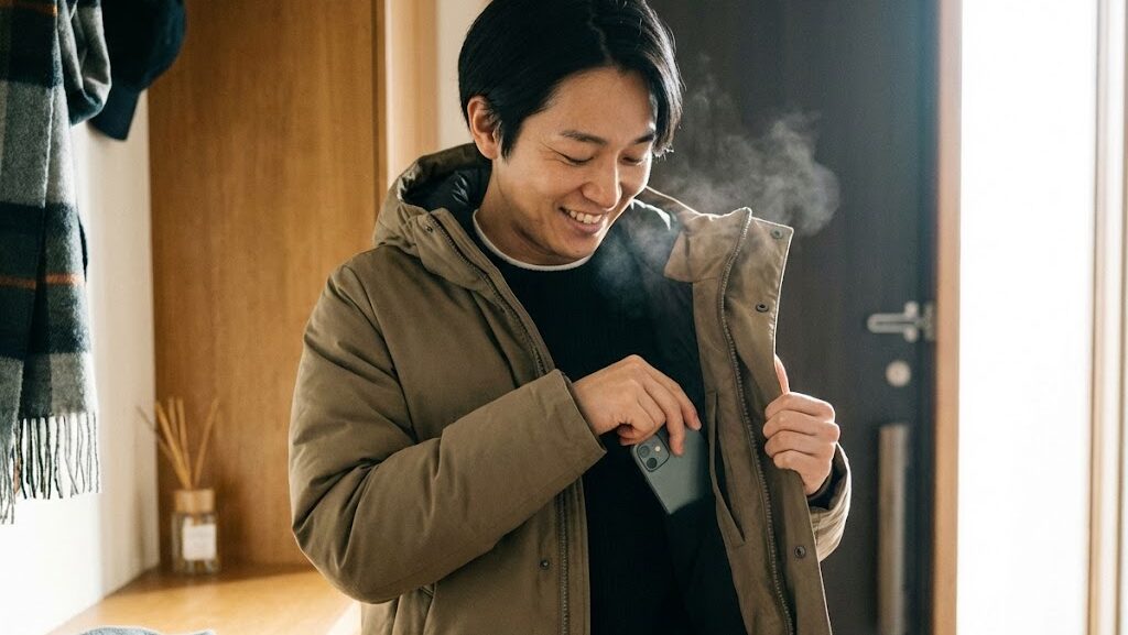 冬の外出前にスマートフォンを内ポケットに入れる様子。寒さから電池を守る対策のイメージ