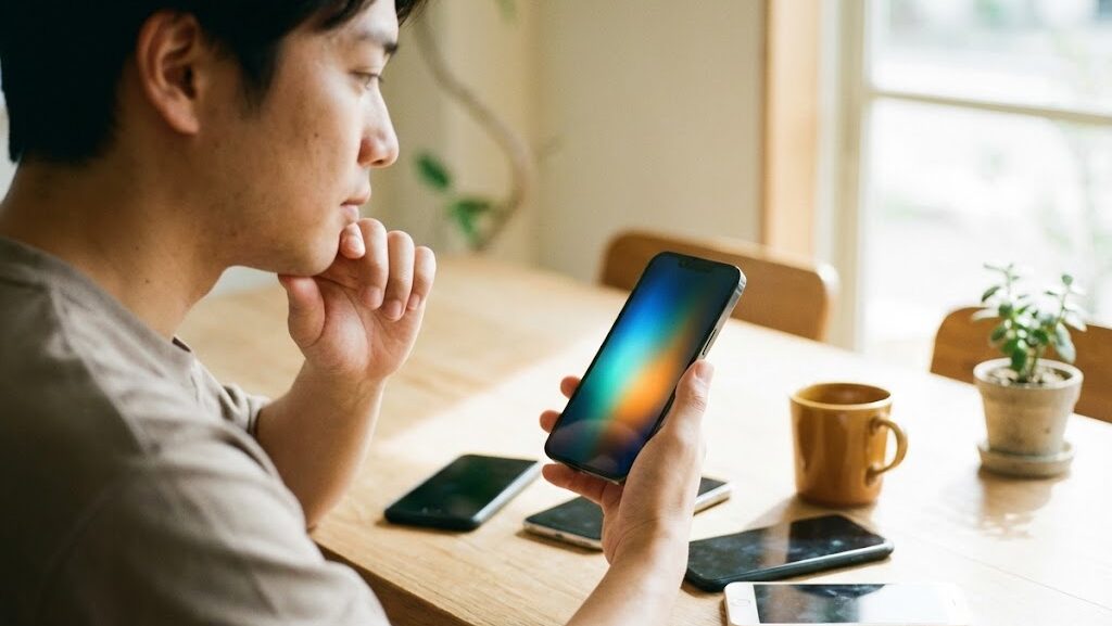 テーブルの上でスマートフォンを確認する様子。Androidスマホの電池性能や寿命を点検するイメージ