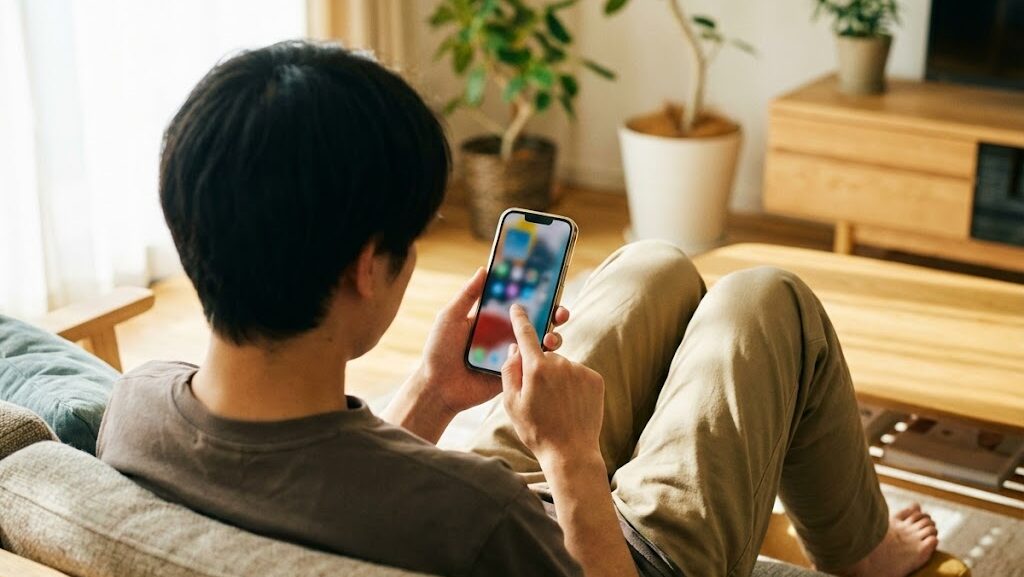 室内でスマートフォンを操作し、バッテリー状態を確認している様子。電池の劣化チェックをイメージ