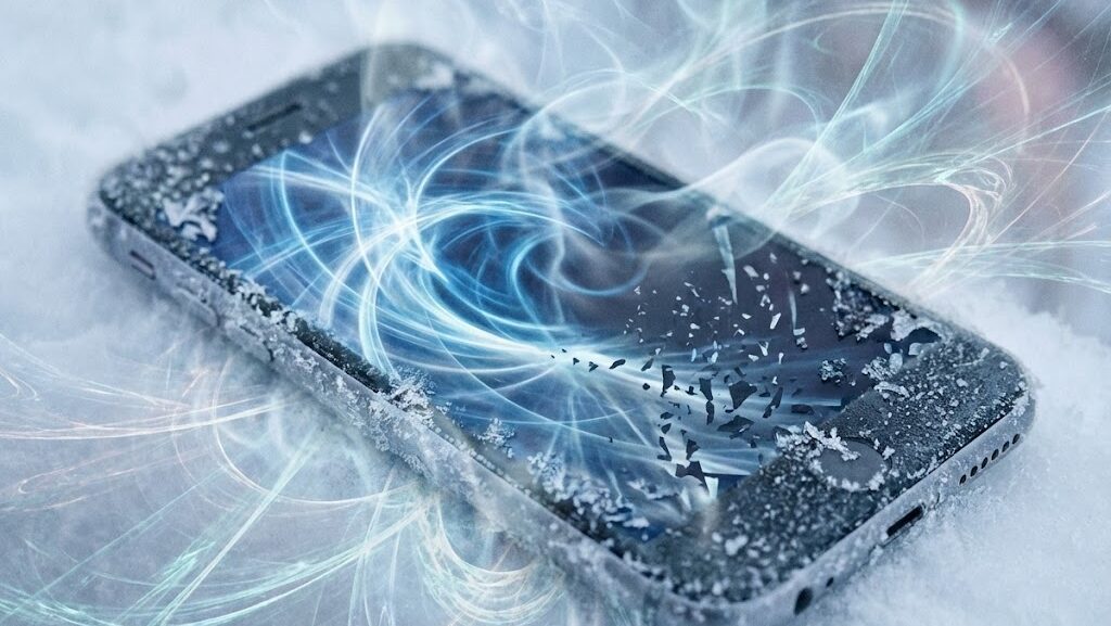 寒さにさらされたスマートフォンのイメージ。低温によってバッテリー性能が低下する仕組みを表現