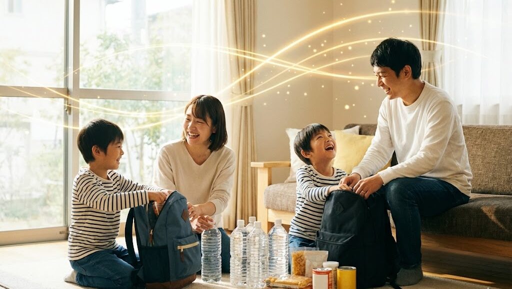 明るい室内で家族が防災リュックを整えている様子。前兆に振り回されず備えを進める安心感のある風景