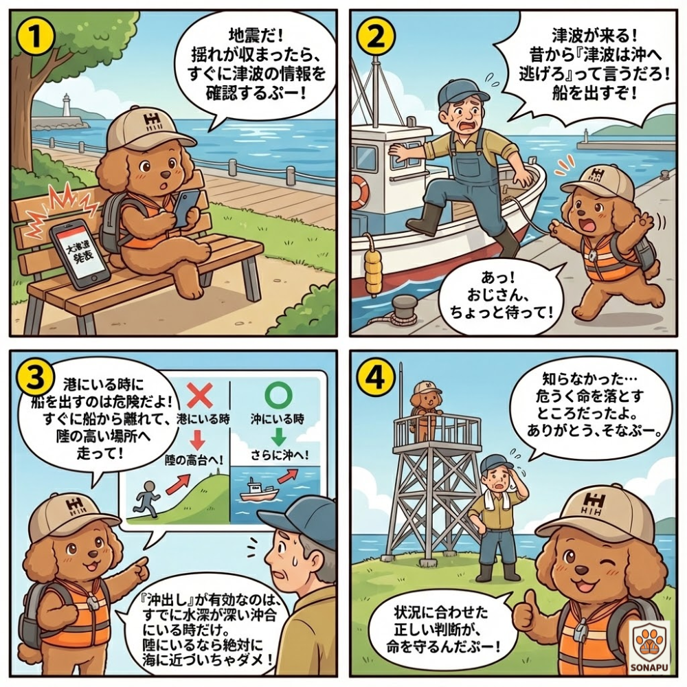 津波発生時の正しい行動を解説する4コマ漫画。港にいる場合は船を出さず高台へ避難し、沖にいる場合のみ沖出しが有効であることを防災キャラクターが説明している。