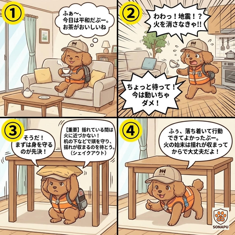 地震発生時に机の下で身を守る行動を4コマ漫画で解説する防災キャラクター