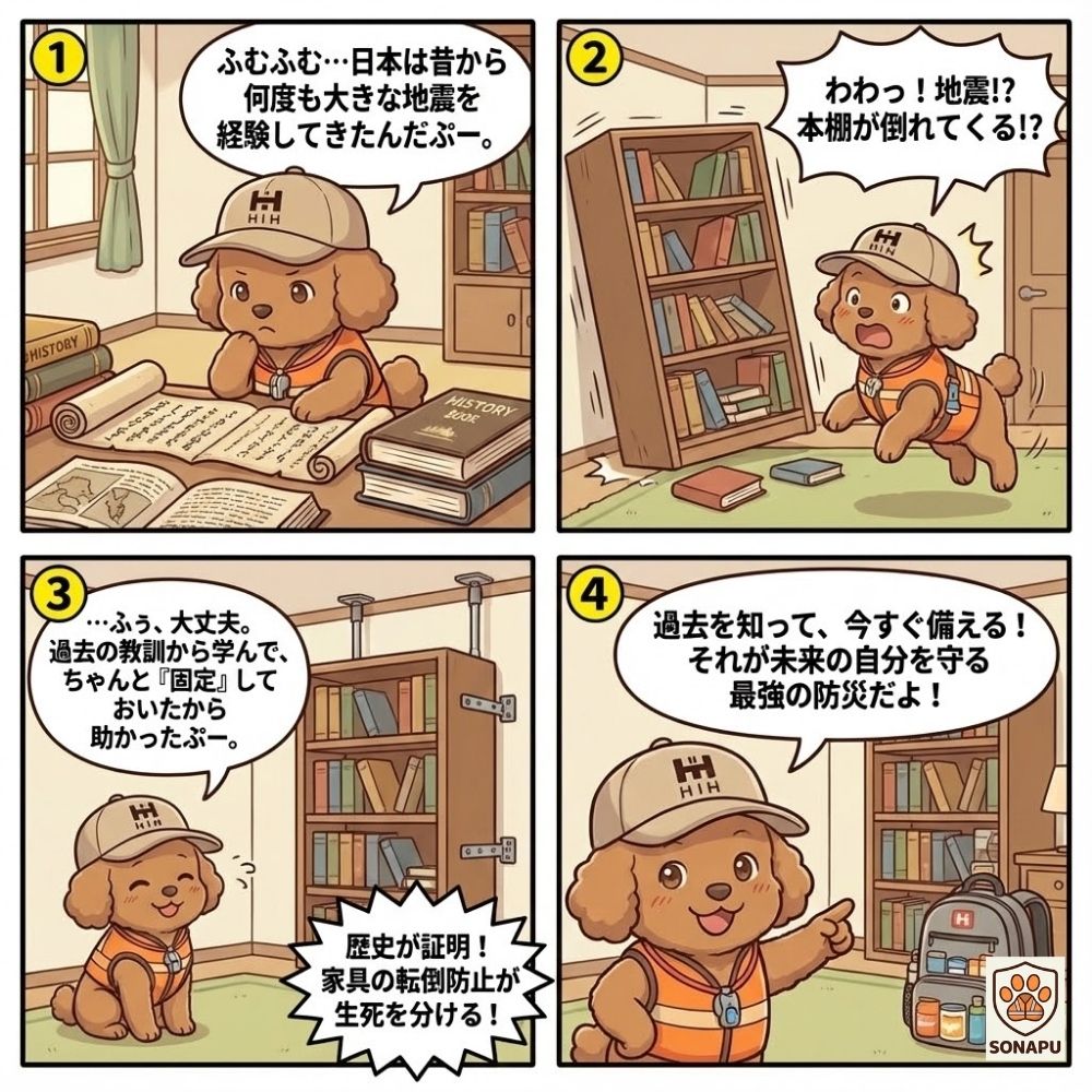 家具転倒防止で地震から命を守る重要性を学ぶ防災漫画｜そなぷーが教える過去の教訓と今すぐできる備え