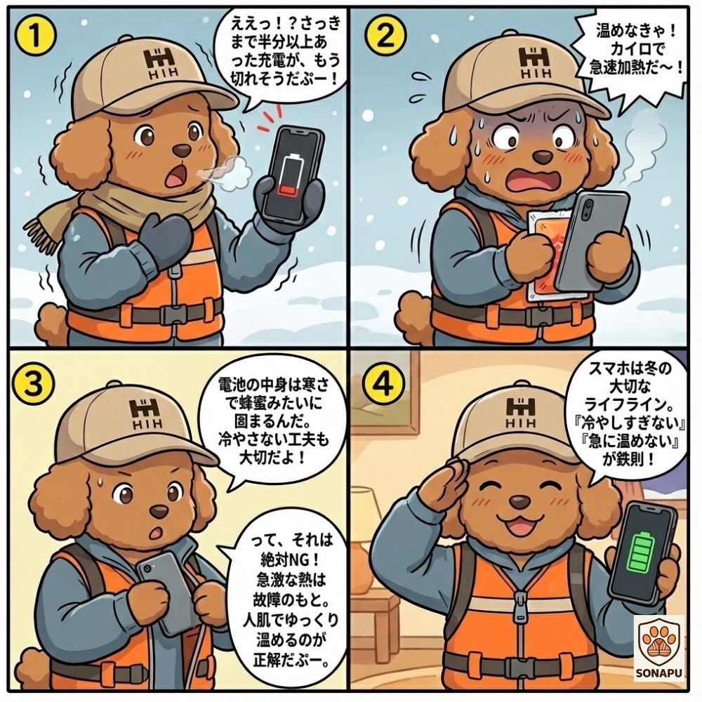 冬の寒さでスマホの電池が急減する原因と正しい対策を学ぶ防災漫画｜寒冷時のバッテリー劣化を防ぐポイント