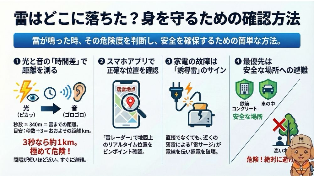 雷がどこに落ちたかを確認する方法を図解した防災インフォグラフィック。光と音の時間差で距離を測る方法、スマホアプリで落雷位置を確認する手順、家電の異常が誘導雷のサインになること、安全な場所への避難ポイントをまとめた解説。HIHそなぷーが登場する落雷対策の学習用画像
