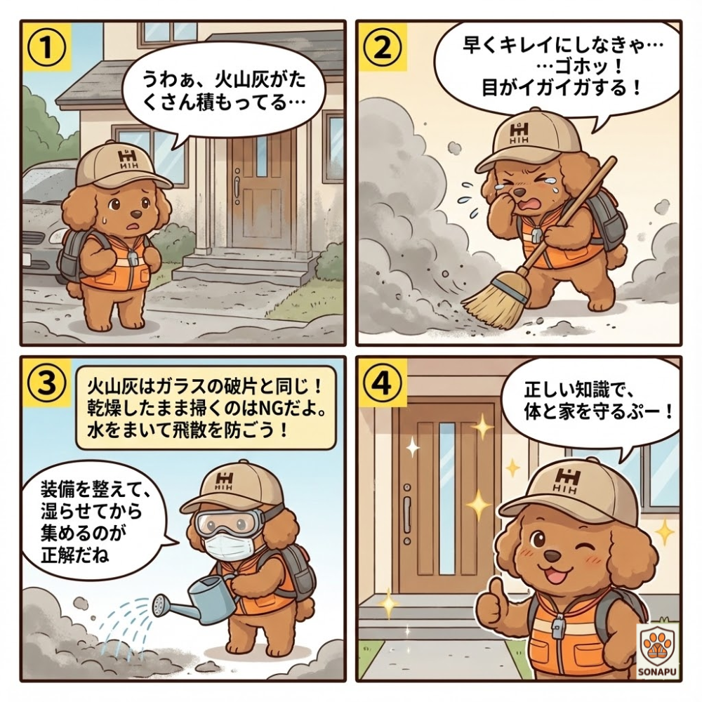 そなぷーが火山灰の危険性と正しい掃除方法を解説する4コマ漫画。乾いたまま掃くと有害で、水で湿らせてから安全装備をして集める必要があることを学び、最後に正しい知識で家を守ろうと呼びかけている。