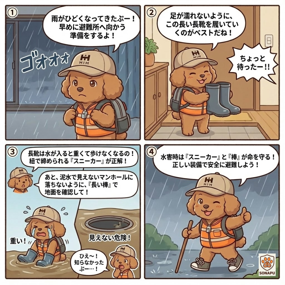 豪雨の中で避難準備をするそなぷーが、水害時は長靴よりスニーカーが安全で、杖で足元を確認しながら避難する様子を描いた防災4コマ漫画