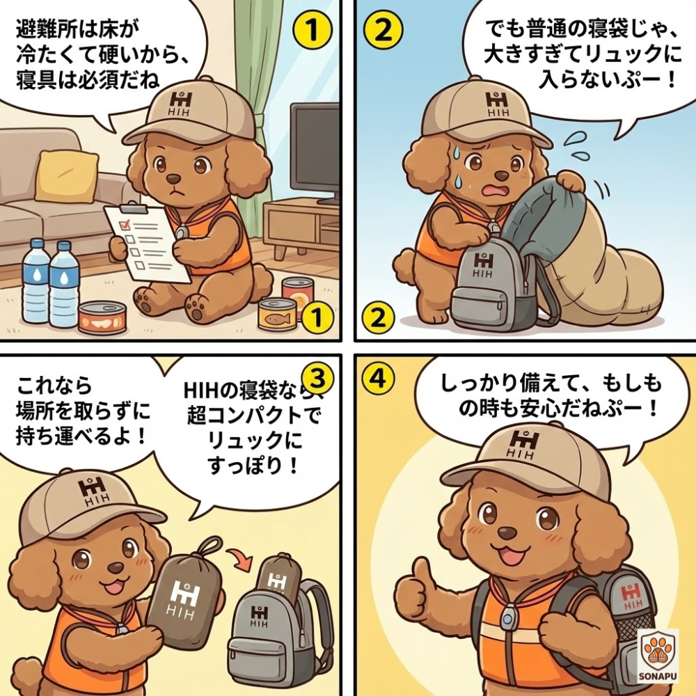 そなぷーが避難所の寝具の重要性と、HIHの防災リュックに入る超コンパクト寝袋を紹介する防災4コマ漫画。避難所の寒さ対策や持ち運びやすい寝袋のメリットをわかりやすく説明しているイラスト。