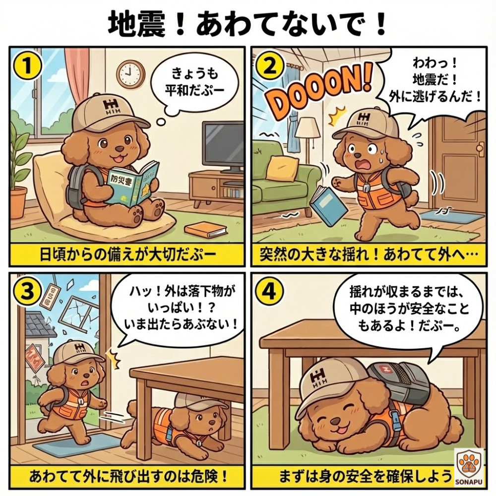 地震が起きたときにあわてず机の下で身を守るそなぷーの防災4コマ漫画