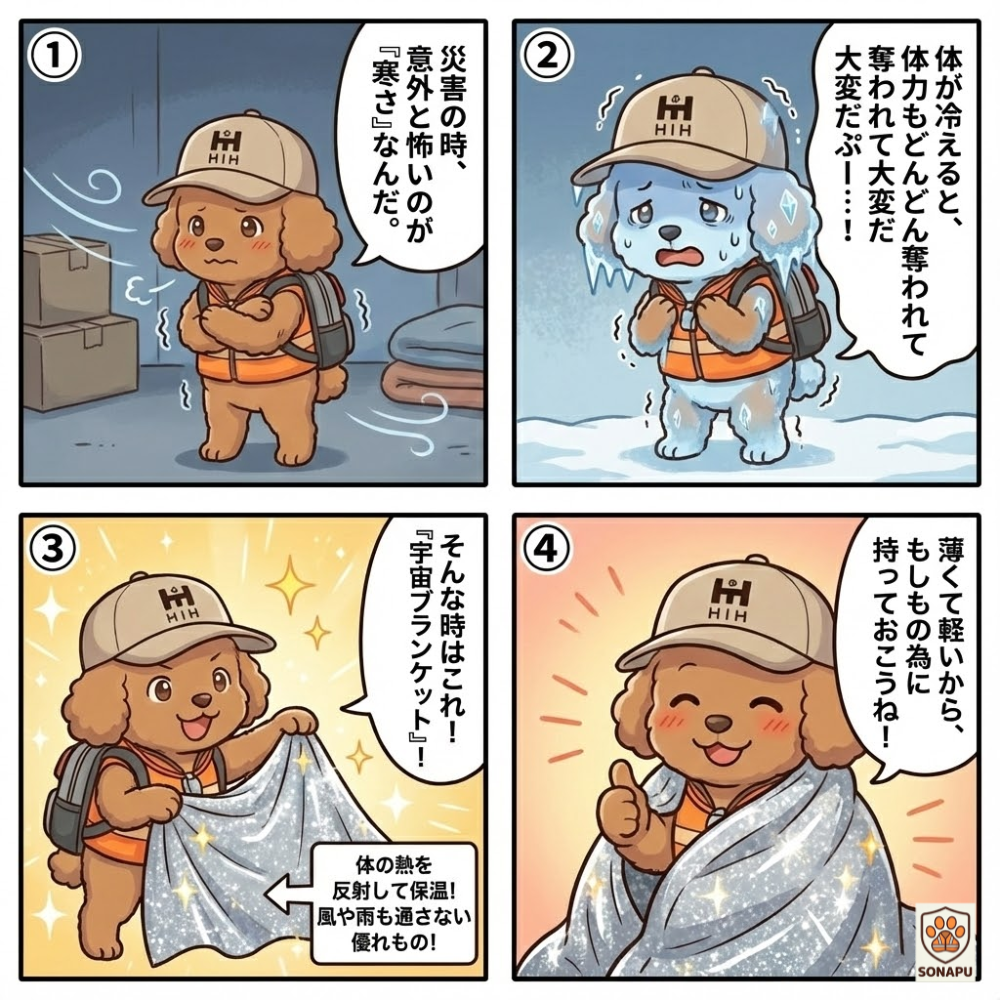 災害時の寒さ対策を解説する4コマ漫画。防災士キャラクターそなぷーが、体が冷える危険性と宇宙ブランケットで簡単に保温できるポイントを紹介しているイラスト