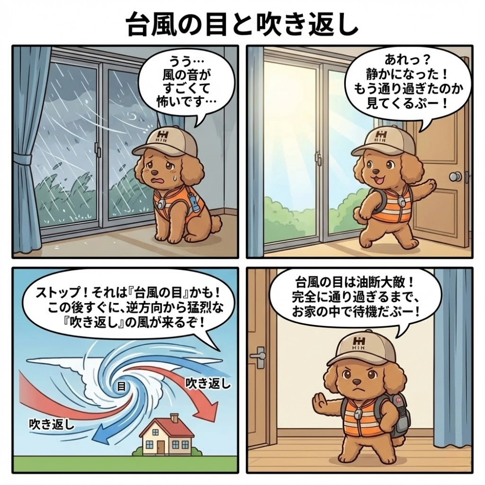 台風の目に入って一時的に静かになっても、吹き返しの強風が来ることを解説した防災マンガ