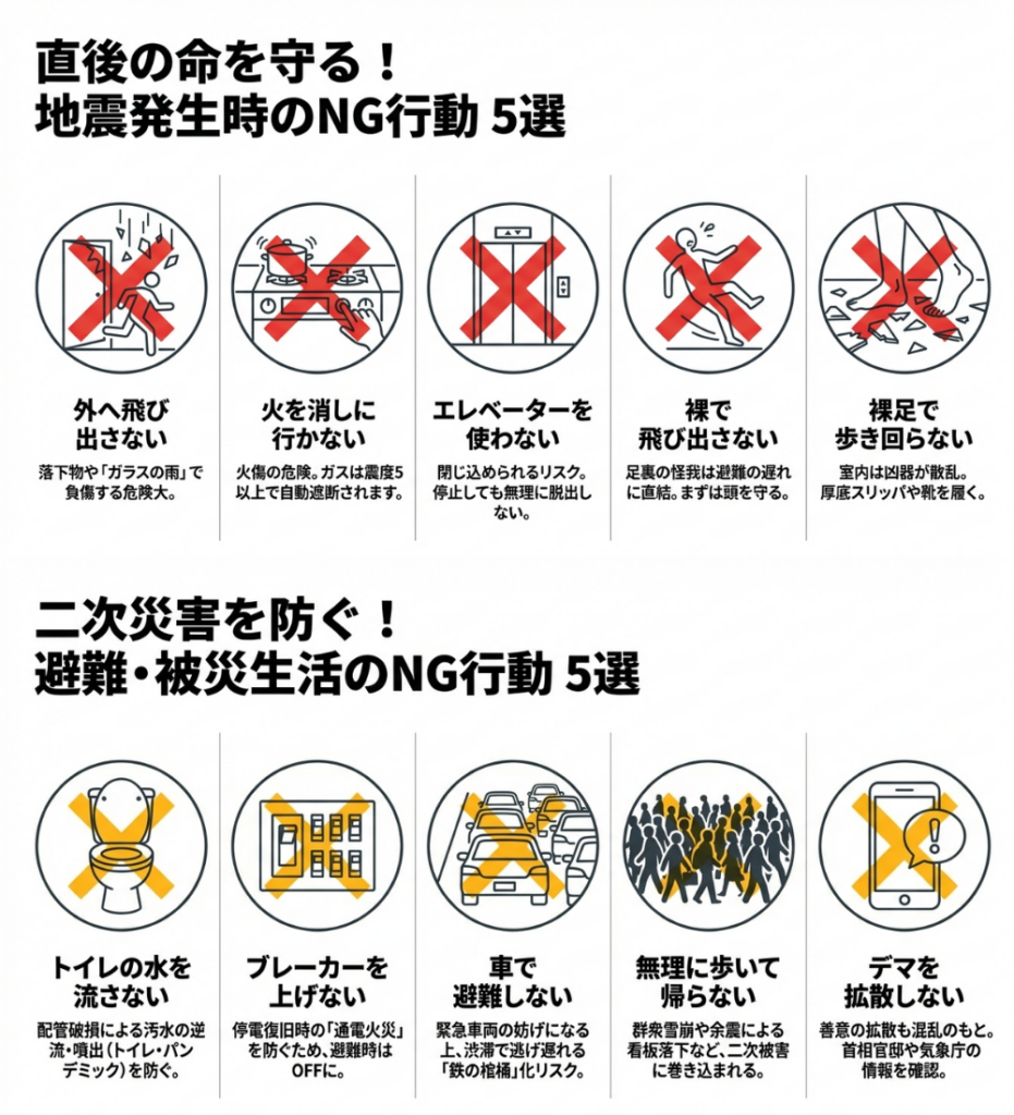 直後の命を守る！地震発生時のNG行動5選と、二次災害を防ぐ！避難・被災生活のNG行動5選をまとめたインフォグラフィック。外への飛び出し、火の始末、エレベーター利用、裸や裸足での行動、トイレの水流し、ブレーカー操作、車避難、無理な帰宅、デマ拡散について、それぞれの危険性や理由と共にイラストで注意喚起している。