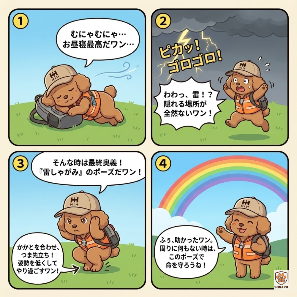雷から身を守る『雷しゃがみ』をそなぷーが教える4コマ漫画。青空で昼寝→雷の急変→安全姿勢でしゃがむ→虹の下でほっとする様子。HIHの防災教育・落雷対策のポイントを楽しく解説する内容。