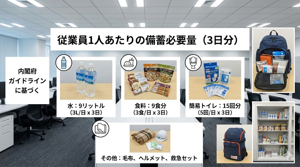 内閣府ガイドラインに基づく「従業員1人あたりの備蓄必要量（3日分）」の解説画像。企業の防災担当者向けに、水・食料・衛生用品の具体的な数量の目安を可視化したアイキャッチ。