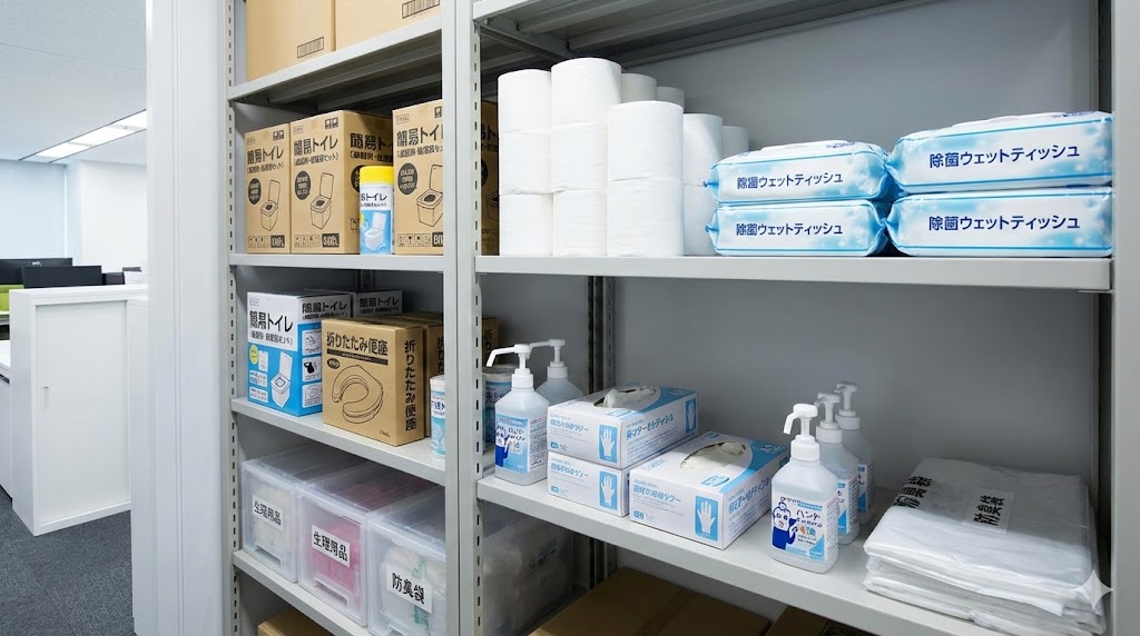 企業の災害対策（BCP）における衛生用品の備蓄例。簡易トイレや除菌グッズ、女性向け用品など、発災後の職場環境を維持するために必要な品目。