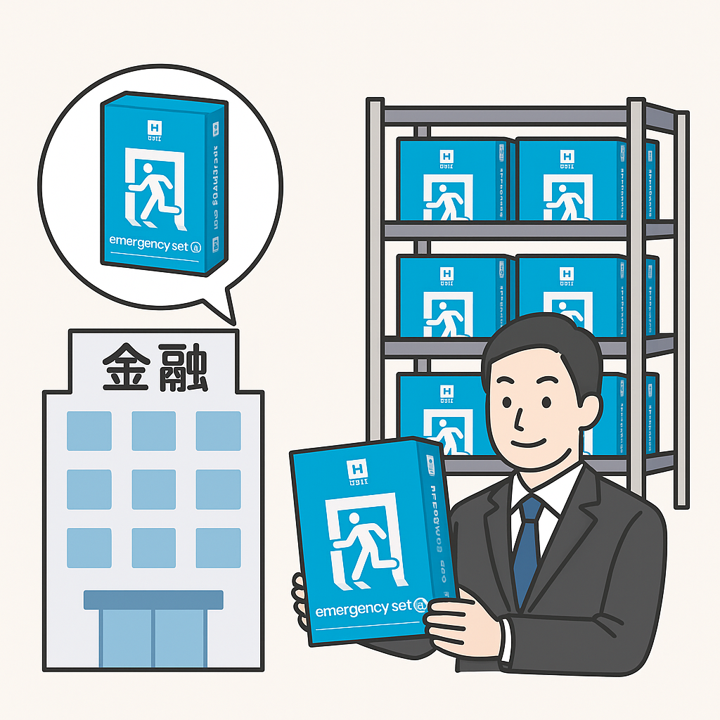 金融機関のBCP対策事例イメージ。職員一人ひとりに配布される個人用防災セットと、支店バックヤードでの集中備蓄を表現したイラスト。