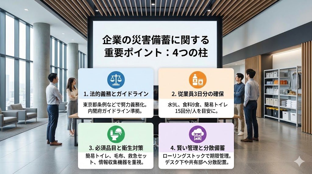 企業の災害備蓄・BCP対策の完全ガイド。東京都条例や内閣府ガイドライン、従業員1人あたり3日分の必要量（水9L・食料9食）、衛生対策、ローリングストックによる分散備蓄の重要ポイント解説図。