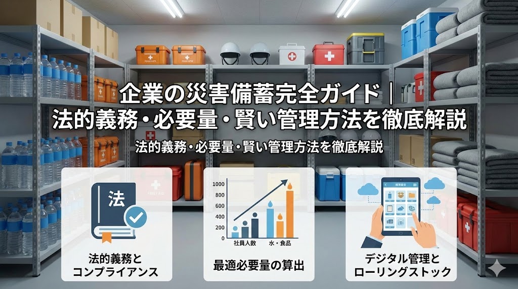 「企業の災害備蓄完全ガイド」の解説用アイキャッチ。備蓄品が並ぶ棚を背景に、コンプライアンス、必要量の算出、デジタル管理とローリングストックの概念図が示されている。