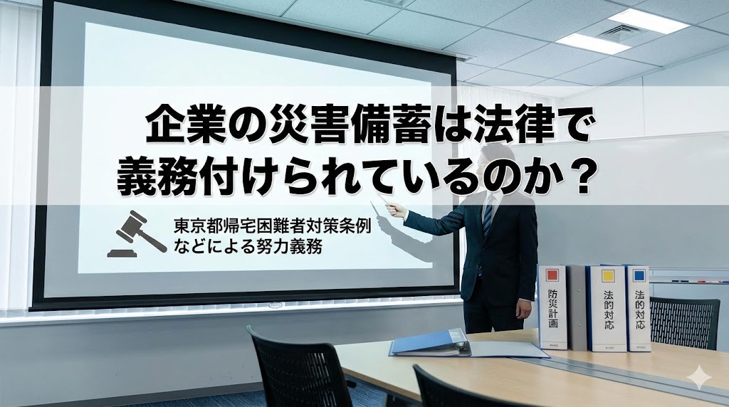 企業の災害備蓄に関する法的義務の解説画像。東京都帰宅困難者対策条例に基づく努力義務や、防災計画・法的対応の重要性を示すビジネスシーンのアイキャッチ。