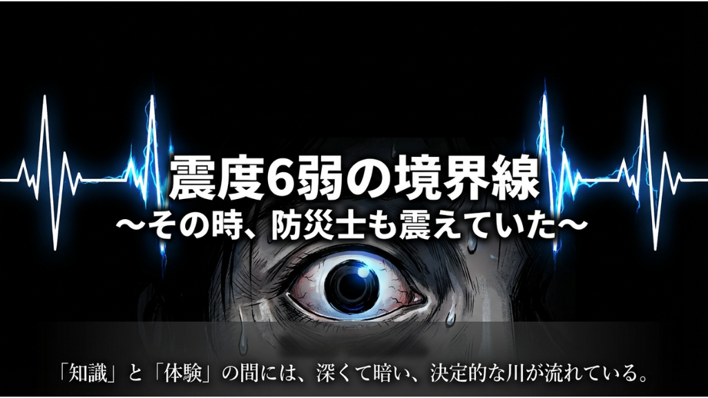 震度6弱の恐怖を表現した防災漫画のタイトル画像（目のアップと心電図風の稲妻演出）