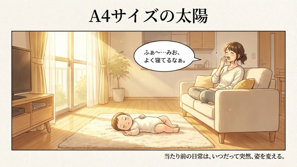 明るい昼下がりのリビングで、すやすや眠る赤ちゃんと、それを優しく見守る母親の何気ない日常風景