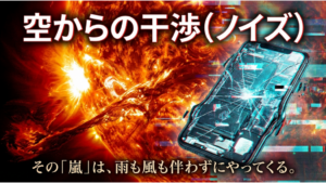 太陽フレアによる電磁波ノイズでスマートフォンが通信障害を起こすイメージ｜宇宙天気と災害リスク解説