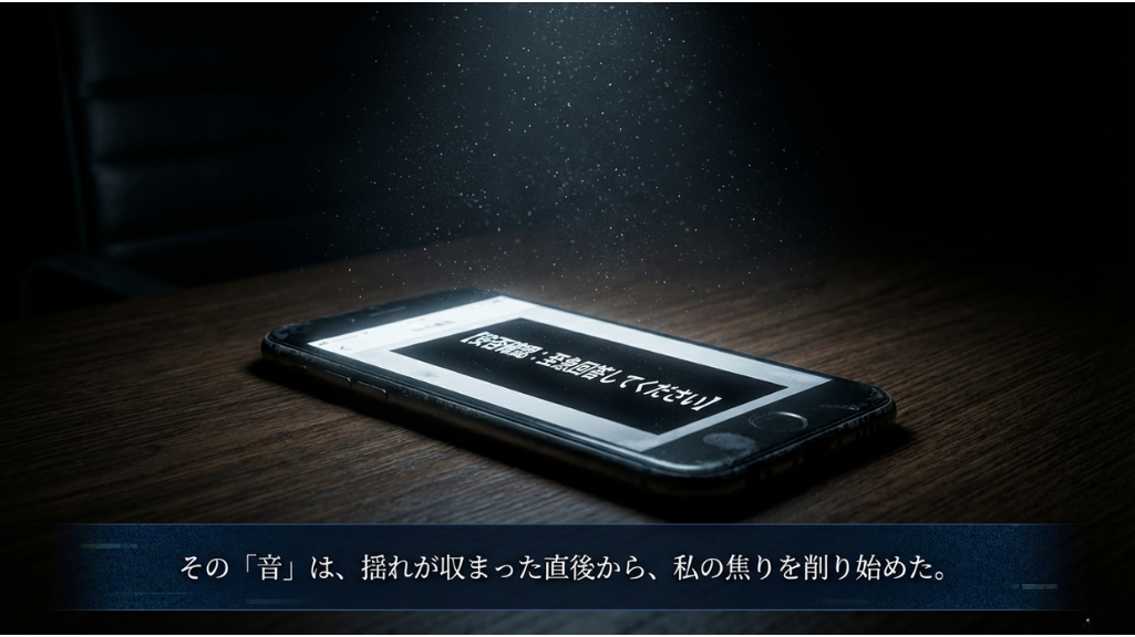 スマホ画面に「応答してください」と表示される通知が暗闇で光るシーン