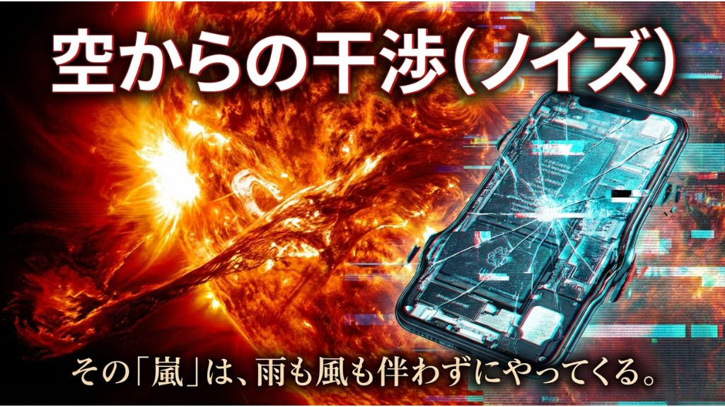 太陽フレアによる電磁波ノイズでスマートフォンが通信障害を起こすイメージ｜宇宙天気と災害リスク解説