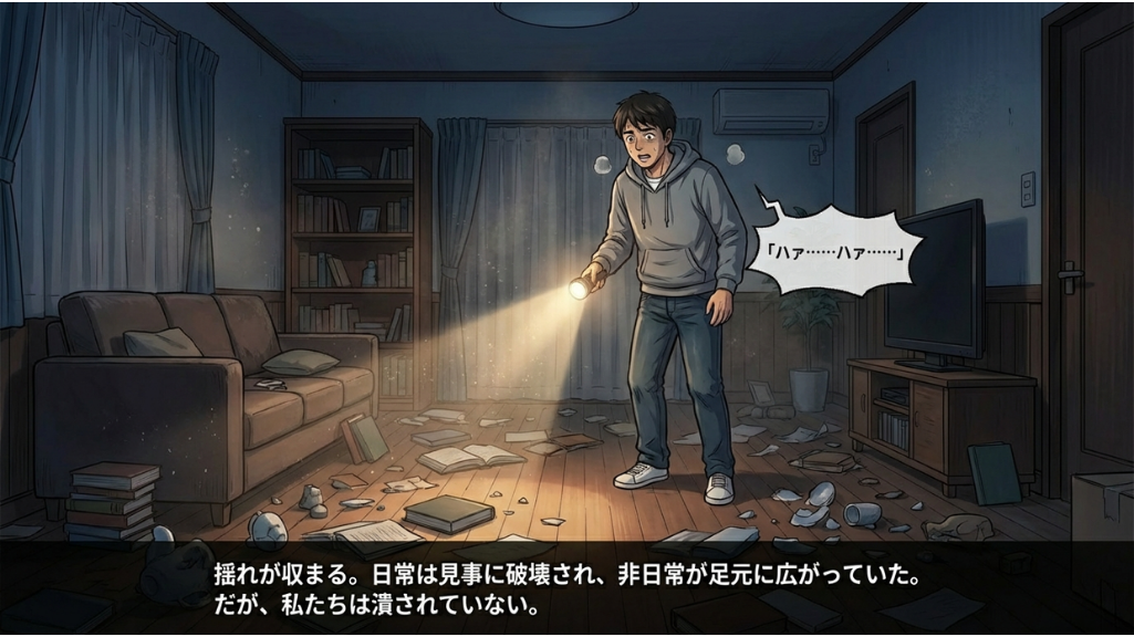 地震の揺れが収まった直後、停電した暗い部屋で、懐中電灯の光を頼りに呆然と立ち尽くすグレーのパーカーの男性を描いた漫画のコマ。床には本や物が散乱し、埃が舞っている。男性のフキダシには「ハァ……ハァ……」という荒い息遣いが、下部のテキストボックスには「揺れが収まる。日常は見事に破壊され、非日常が足元に広がっていた。だが、私たちは潰されていない。」と記されている。