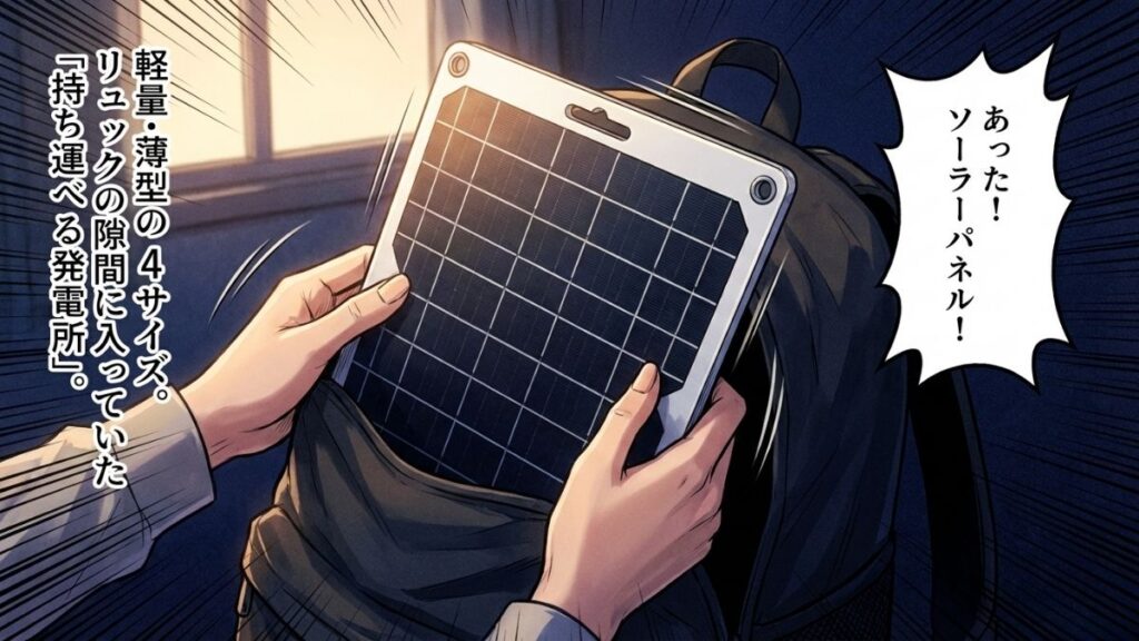停電中、防災リュックからソーラーパネルを見つけ、希望が生まれる瞬間を描いたシーン